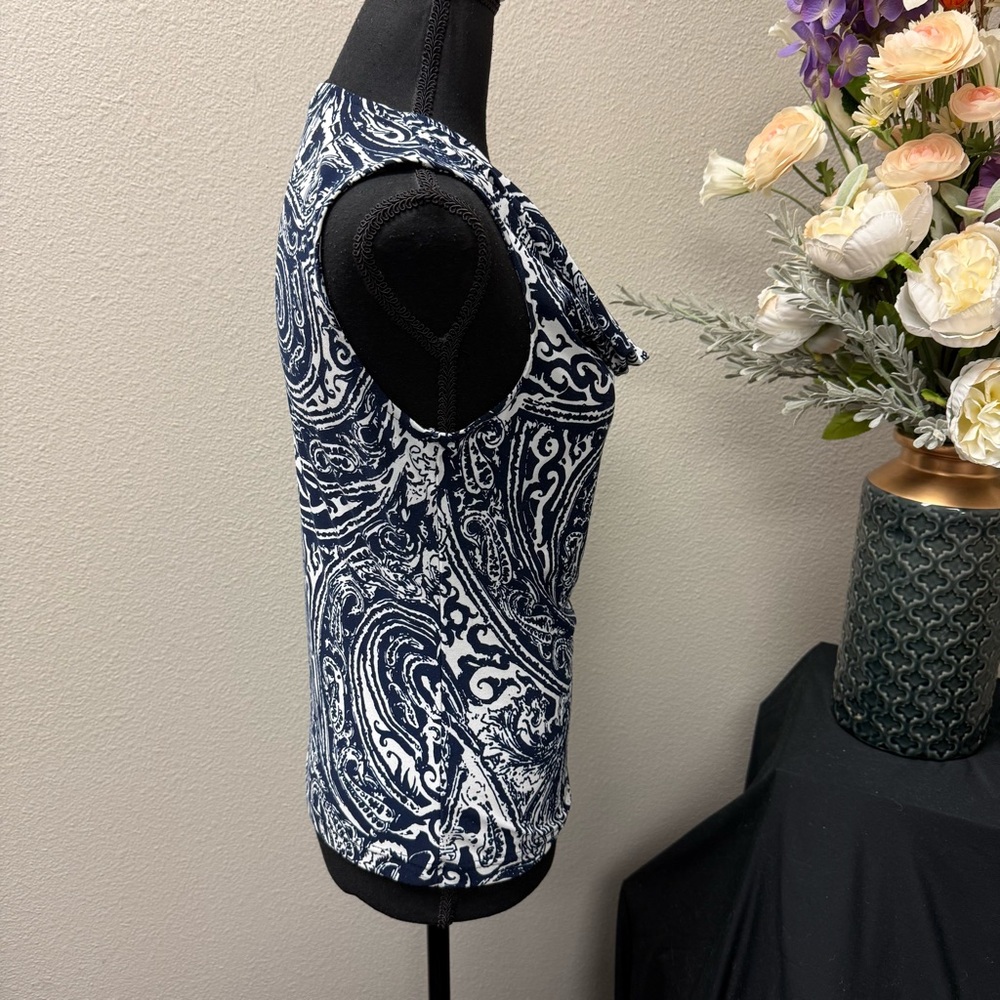 Chaps Navy White Paisley Cowl Neck Sleeveless Stretch Blouse Top M - Picture 4 of 7